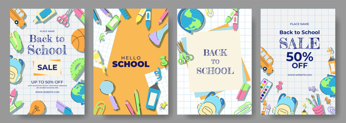 Back to School Poster or Banner Template set in trendy Modern flat Style. Vector Illustration Background for Sale, Web, Card, flyer with School Supplies. Education Art Design Cover and Ink Lettering.