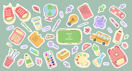 Back to School Supplies Sticker Set in trendy Modern Flat Style. Globe, Backpack, Stationery, School Bus. Kids Vector Illustration in Doodle Style. Education Art Supplies and School Stationery, Board.