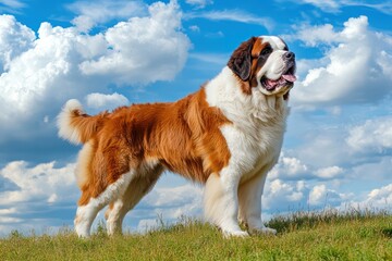 Gentle Saint Bernard standing in bright green park