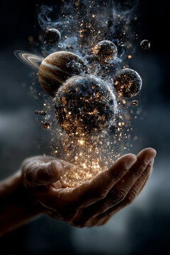 Hands holding emerging planets and sparkling stardust