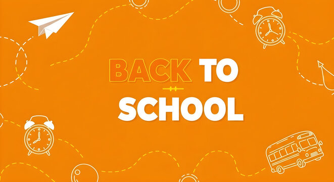 Cheerful back to school design on an orange background with school-related elements.
