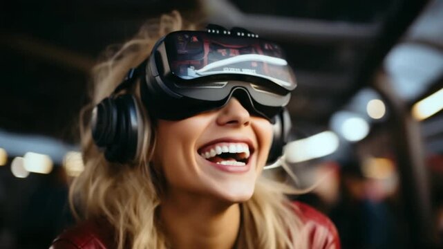 A young woman is fully engaged in a virtual reality experience, wearing a headset and headphones. Her joyful expression radiates excitement in a contemporary environment