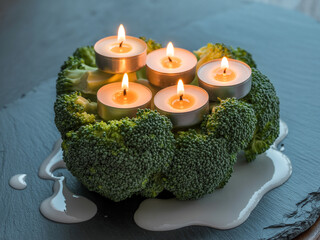 Tealight candles burning in broccoli florets with white sauce