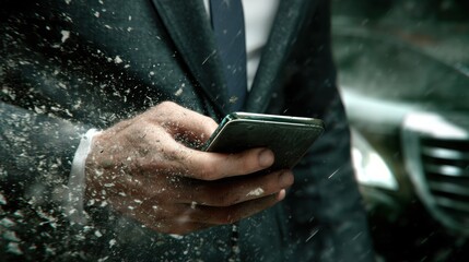 Man holding smartphone in rainy weather with water splashing on hand and device