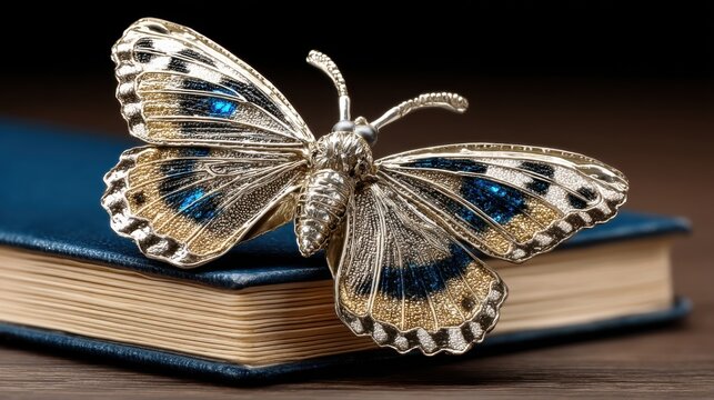 A metallic butterfly ornament resting on a closed book with a dark background