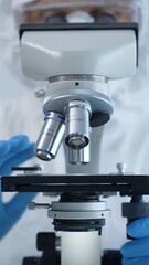 Medical virologist in a hazmat suit, mask, and gloves, diligently working at a microscope in a laboratory researching viruses. Healthcare and science concept
