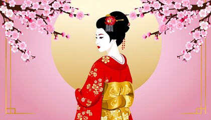 Elegant geisha in red kimono, back view, amidst blossoming cherry trees and a soft pink background