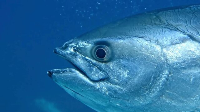 Close-up of a Tuna Fish Head Swimming Underwater in the Deep Blue Sea