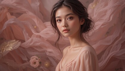 Fototapeta premium Portrait of a Young Woman with Flowing Pink Fabric and Rose Accent