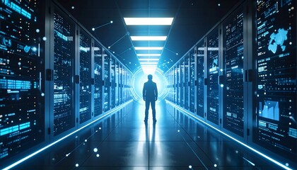Person Standing in Server Room with Glowing Data Visualizations
