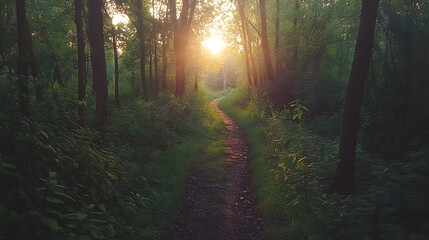 Obraz premium Forest Path With Dawn Light Summer Mig