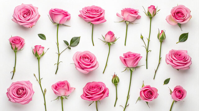 Pink Roses Flat Lay on White Background