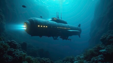 Fototapeta premium Submarine glides through vibrant coral reef ocean exploration underwater world aquatic scene deep