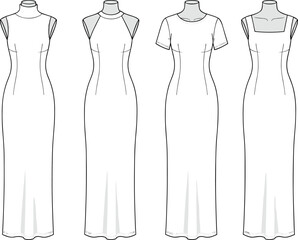Long dress set with assorted necklines and sleeve styles, fashion collection front and back cad drawing flat vector illustration
