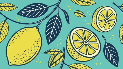 Bright Lemon Fruit Pattern on Blue Background