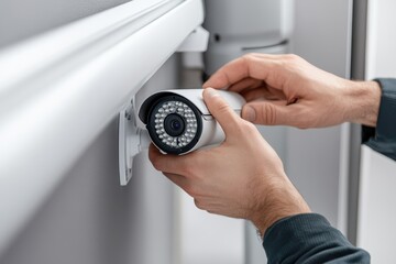 Security specialist installs surveillance camera in modern office setting to enhance safety measures