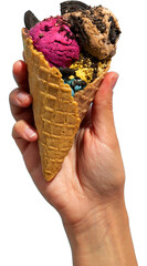 PNG Hand holding a colorful ice cream cone with mixed flavors.