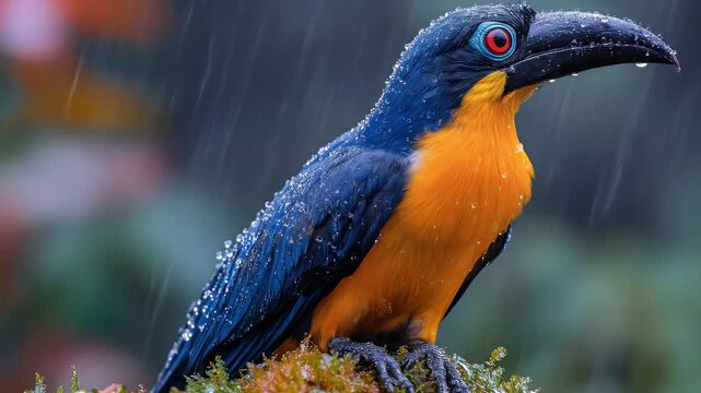 Vibrant Exotic Bird with Striking Red Eye Perches Calmly in a Gentle Rainforest Shower