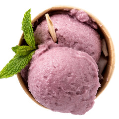 PNG Two scoops of vibrant purple ice cream in a paper cup.