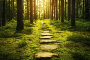 Obraz premium Sunlit path through a pine forest with mossy ground in the morning light