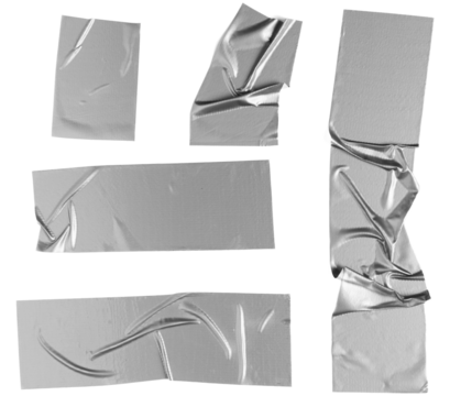 PNG Ripped Silver Duct Tape Pieces Against a Black Background.