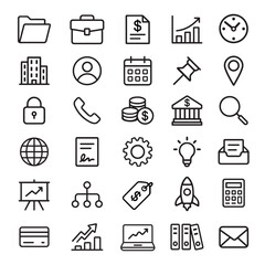 Business and Office Line Icons Set, Includes finance, analytics, communication, and productivity symbols. Perfect for web, app, or infographic design
