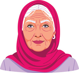 Illustration of an elderly woman with a pink headscarf and gray hair