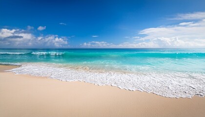 Fototapeta premium escape to paradise captivating beach scene with sandy shores turquoise ocean gentle foam and tranquil blue horizon perfect vacation imagery for relaxation