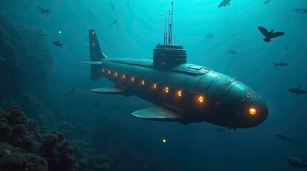 Fototapeta premium Submarine glides through vibrant coral reef ocean exploration underwater world aquatic scene deep