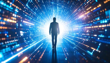 Person Walking in a Digital Tunnel with Bright Light Ahead