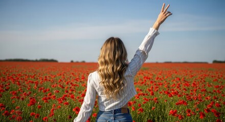 A woman stands in a vibrant red poppy field under a clear blue sky on a sunny summer day enjoying nature