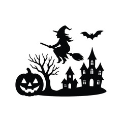 Halloween Silhouette Set with Witch on Broom, Haunted House, Pumpkin, and Bat