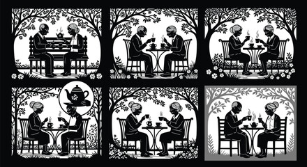 Vector art of elderly couple enjoying tea together in a garden setting