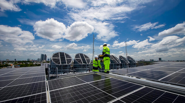 Workers install solar panels on a rooftop in a city during bright midday