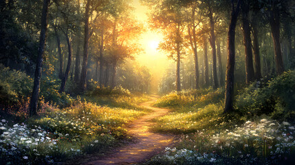 Obraz premium Forest Trail With Sunset Filtering Summer D