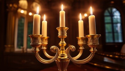 a golden candelabra holding four lit candles creating a warm and inviting atmosphere