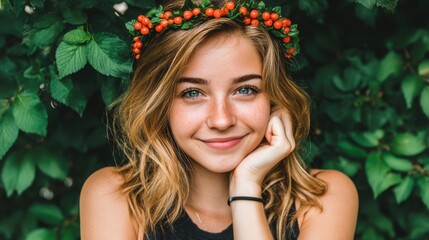 Naklejka premium A young woman with a floral headband smiling outdoors among green leaves
