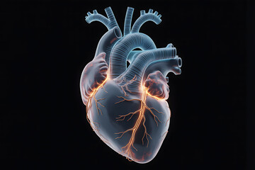 A translucent 3d model of a human heart with glowing veins, highlighting the organs complex structure and circulatory system