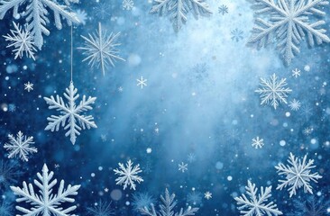 Snowflake shaped bokeh. Combined with blue background. Christmas concept.