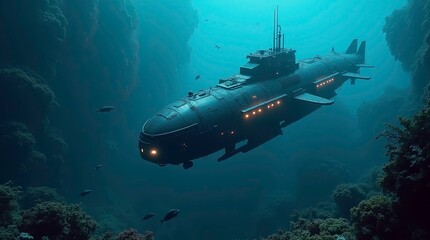 Fototapeta premium Submarine glides through vibrant coral reef ocean exploration underwater world aquatic scene deep