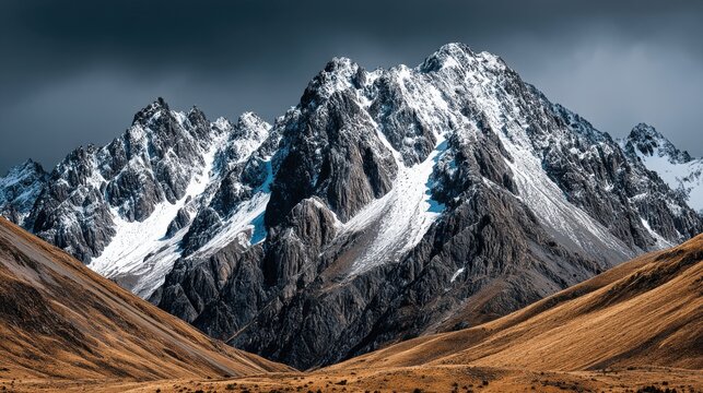 Majestic snow-capped mountains rise sharply against a dark cloudy sky with rugged terrain in the foreground