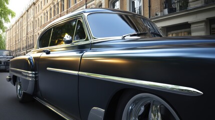 Classic black vintage car driving through city streets with historic buildings in the background