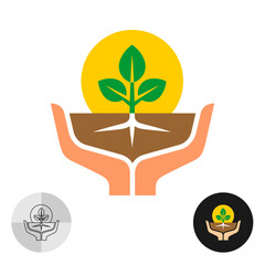 Hands with plant sprout stylized logo. Two human hand palms holding a soil with fresh small plant with leaves and roots. Nature care and protection symbol icon