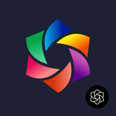 Hex creative colorful logo design element. Bright gradient fill six triangle pieces in a shape of hexagon. Rainbow colors abstract infinity symbol