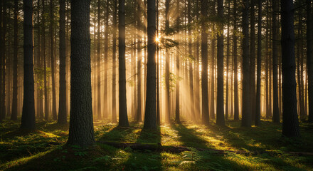 Obraz premium Sunlit Forest Serenity – Photorealistic Lush Woodland in Golden Hour Magic