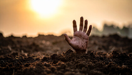 Zombie hand rising from the ground, spooky Halloween horror concept.