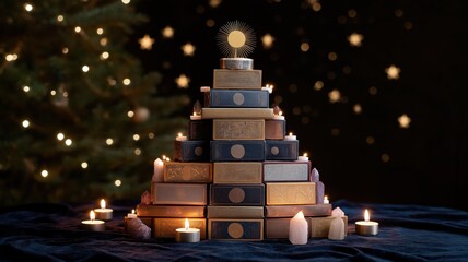 Creative christmas tree design with stacked tarot decks and glowing candles