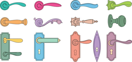 Illustration of various colorful door handles on a light background