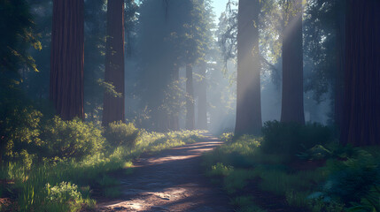 Fototapeta premium Forest Path With Cathedral Sunbeams Summer 8Bae2Abb