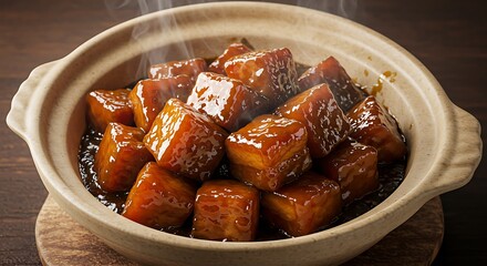 Tender braised pork belly cubes in a rich savory sauce, a traditional Asian meat dish served steaming hot in a clay pot